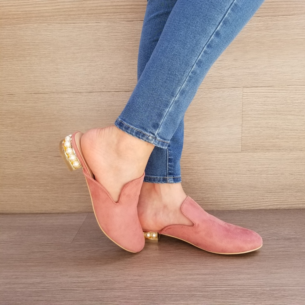 Suede Slip On Loafer Mule Pearl Accents on Heel - Picture 4 of 7